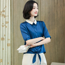 桑蚕丝真丝衬衫女夏中袖拼色重磅缎面高端新款正宗杭州真丝上衣，女装衬衫，阿舍尔