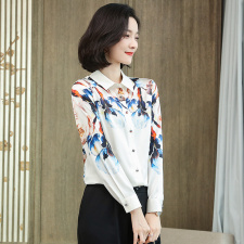 桑蚕丝真丝衬衣女春新品定位印花设计感小众通勤印染立领知性真丝衬衫，女装衬衫，阿舍尔
