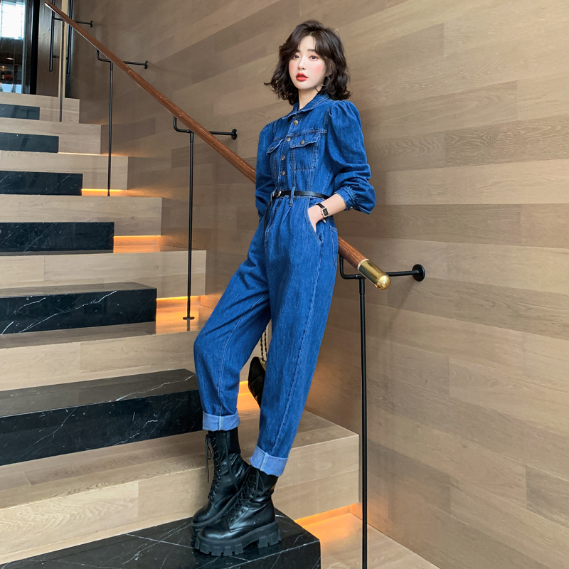泡泡袖牛仔连体裤套装女春秋2021年新款时尚工装连体衣气质连衣裤_欧曼妮OMN6801 - 杭州女装网