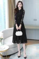 蕾丝连衣裙女春秋新款气质收腰显瘦中长款黑色遮肚长袖裙子，女装连衣裙，潮品会