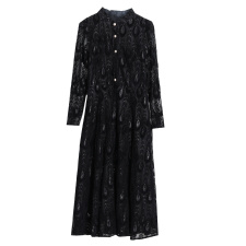 蕾丝连衣裙女春秋新款气质收腰显瘦中长款黑色遮肚长袖裙子，女装连衣裙，潮品会