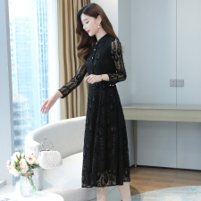 蕾丝连衣裙女春秋新款气质收腰显瘦中长款黑色遮肚长袖裙子，女装连衣裙，潮品会