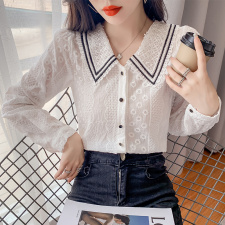 娃娃领雪纺衬衫女2021秋季新款潮洋气棉布绣花薄款长袖上衣女，女装衬衫，潮品会