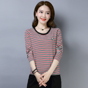 2025春装新款女式长袖条纹T恤圆领拼接撞色打底衫C136，女装T恤，板酷