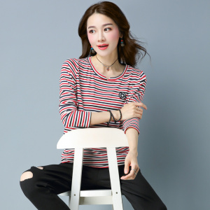 [货源稳定常年不下架]2025年春季新款横条纹彩虹条T恤女长袖C018，女装T恤，板酷