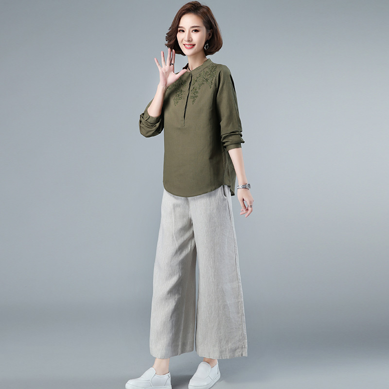 2025春装新款时尚休闲女装减龄妈妈高端亚麻阔腿裤两件套棉麻套装,女装套装/套裙,木子恋