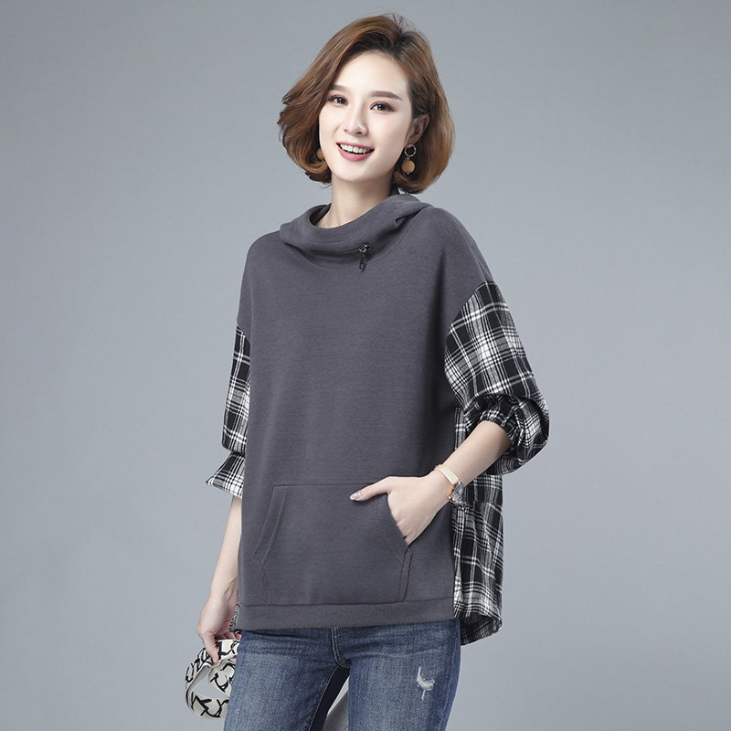 胖MM300斤连帽大码卫衣女春秋2025新款韩版宽松拼接格子上衣外套，女装卫衣/绒衫，伊满意