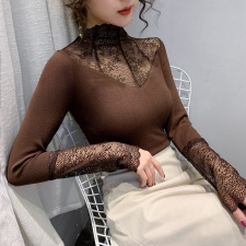 蕾丝打底衫女2025新款网纱长袖t恤女修身内搭高级上衣洋气，女装针织衫/毛衣，丝露依尚（原SL）