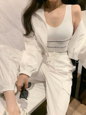 现货主推2022春秋白色运动休闲炸街运动三件套套装早秋女，女装套装/套裙，艾乐芳