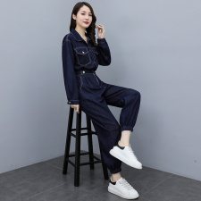 牛仔长袖深色牛仔裤工装裤街头中腰修身秋季连体裤翻领女，女装连体裤，微微衣阁