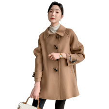 现货2024新款牛角扣双面羊绒大衣手工缝制羊毛呢外套，女装双面呢大衣，丝露依尚（原SL）
