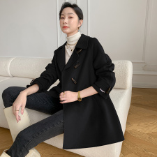 现货2024新款牛角扣双面羊绒大衣手工缝制羊毛呢外套，女装双面呢大衣，丝露依尚（原SL）